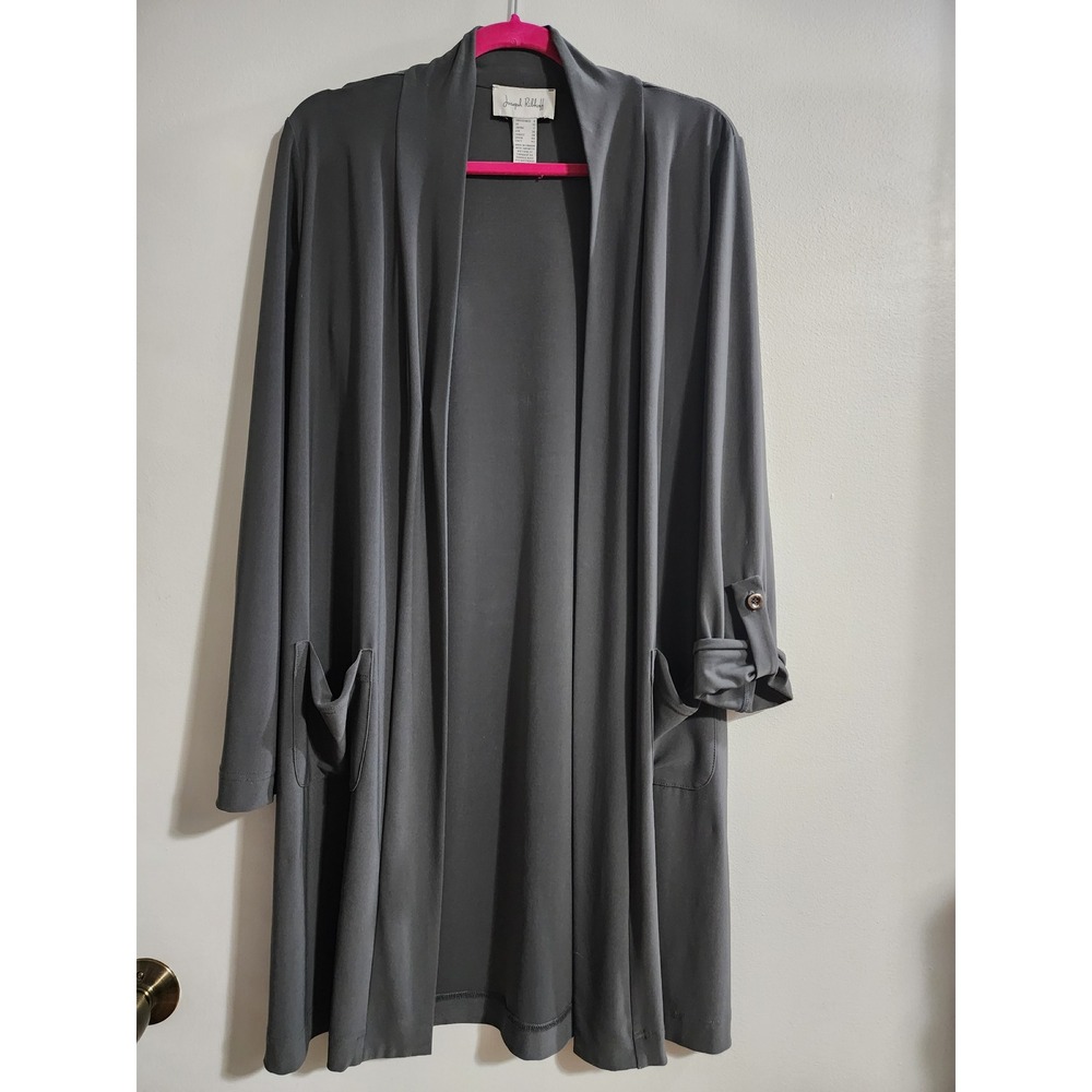 Joseph Ribkoff Gray Open Front Roll Tab Sleeve Longline Cardigan Jacket Size 8